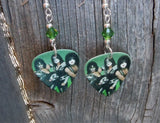Kiss Group Photo In Full Makeup Guitar Pick Earrings with Green Swarovski Crystals