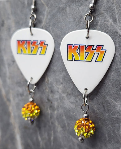 Kiss Guitar Pick Earrings with Orange to White Ombre Pave Bead Dangles