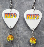 Kiss Guitar Pick Earrings with Orange to White Ombre Pave Bead Dangles