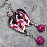 Kiss Paul Stanley Guitar Pick Earrings with Fuchsia Pave Bead Dangles