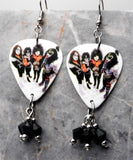 Kiss In Full Makeup Guitar Pick Earrings with Black Swarovski Crystal Dangles