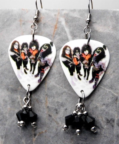 Kiss In Full Makeup Guitar Pick Earrings with Black Swarovski Crystal Dangles