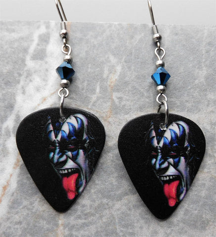 Kiss Gene Simmons Guitar Pick Earrings with Metallic Blue Swarovski Crystals