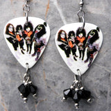 Kiss In Full Makeup Guitar Pick Earrings with Black Swarovski Crystal Dangles
