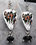 Kiss In Full Makeup Guitar Pick Earrings with Black Swarovski Crystal Dangles
