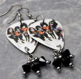 Kiss In Full Makeup Guitar Pick Earrings with Black Swarovski Crystal Dangles