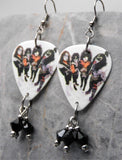 Kiss In Full Makeup Guitar Pick Earrings with Black Swarovski Crystal Dangles