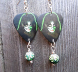 Peter Criss Kiss Guitar Pick Earrings with Green to White Ombre Pave Bead Dangles