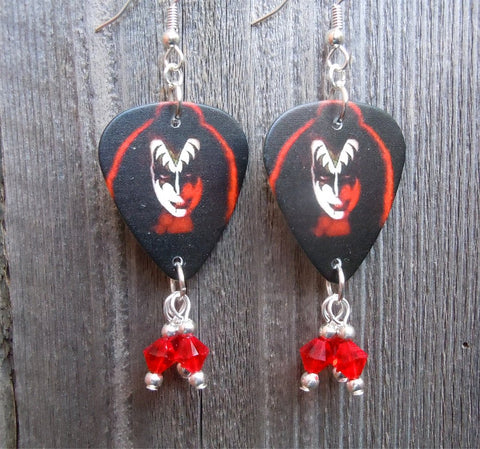 Kiss Gene Simmons Guitar Pick Earrings with Red Swarovski Crystal Dangles