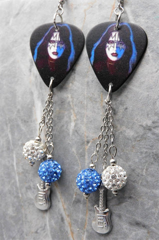 Kiss Ace Frehley Guitar Pick Earrings with Stainless Steel Guitar Charm and Pave Bead Dangles