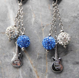 Kiss Ace Frehley Guitar Pick Earrings with Stainless Steel Guitar Charm and Pave Bead Dangles