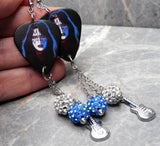 Kiss Ace Frehley Guitar Pick Earrings with Stainless Steel Guitar Charm and Pave Bead Dangles