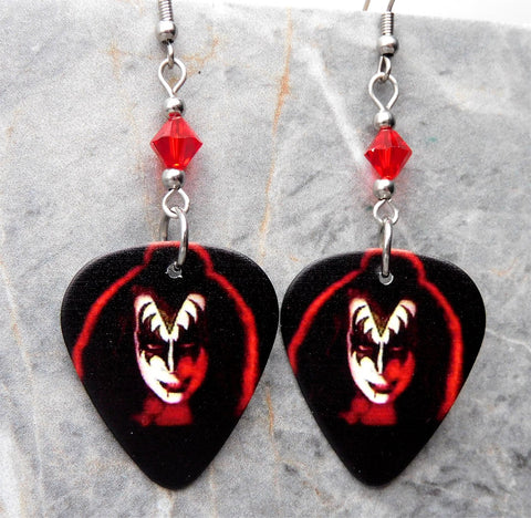 Kiss Gene Simmons Guitar Pick Earrings with Red Swarovski Crystals