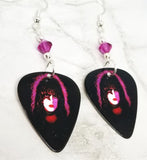 Paul Stanley Kiss Guitar Pick Earrings with Fuchsia Swarovski Crystals