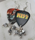 Kiss Gene Simmons on Stage Guitar Pick Earrings with Metallic Silver Swarovski Crystal Dangles