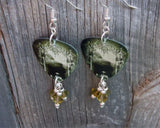 Korn Take a Look in the Mirror Guitar Pick Earrings with Green Swarovski Crystal Dangles