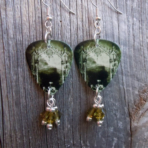 Korn Take a Look in the Mirror Guitar Pick Earrings with Green Swarovski Crystal Dangles