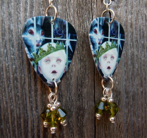 Korn See You On The Other Side Guitar Pick Earrings with Green Swarovski Crystal