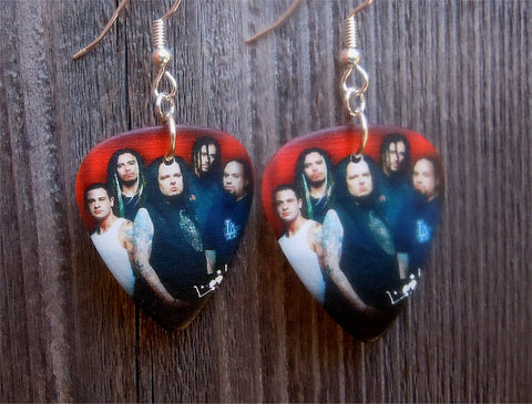 Korn Group Picture on Red Background Guitar Pick Earrings