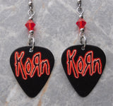 Korn in Red on Black Guitar Pick Earrings with Red Swarovski Crystals