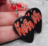 Korn in Red on Black Guitar Pick Earrings with Red Swarovski Crystals