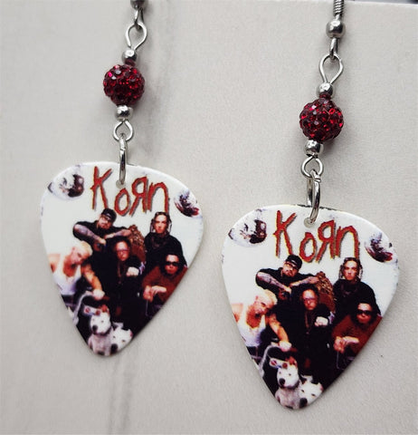 Korn Group Photo Guitar Pick Earrings with Dark Red Pave Beads