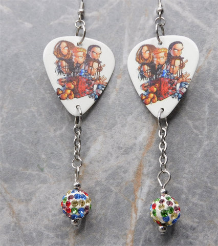 Korn Cartoon Group Picture Guitar Pick Earrings with MultiColor Pave Beads