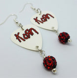 Korn Guitar Pick Earrings with Red and Black Pave Bead Dangles