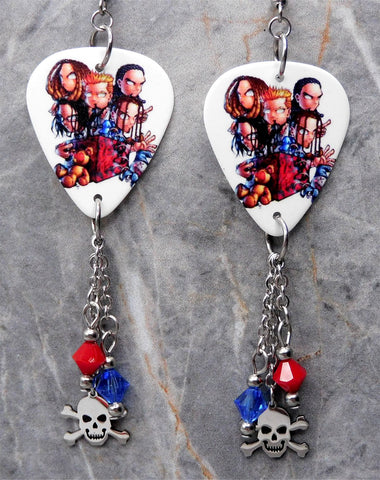 Korn Cartoon Group Picture Guitar Pick Earrings with Skull and Crossbones Stainless Steel Charms and Swarovski Crystal Dangles
