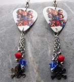 Korn Cartoon Group Picture Guitar Pick Earrings with Skull and Crossbones Stainless Steel Charms and Swarovski Crystal Dangles