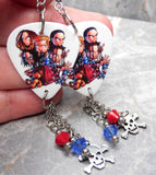 Korn Cartoon Group Picture Guitar Pick Earrings with Skull and Crossbones Stainless Steel Charms and Swarovski Crystal Dangles