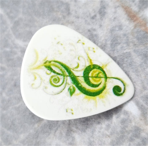 Green G Clef on White Guitar Pick Pin or Tie Tack