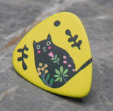 Fat Black Cat and Flowers on a Yellow Guitar Pick Pin or Tie Tack