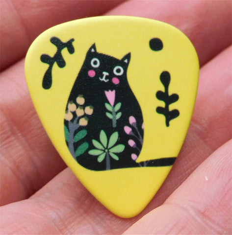 Fat Black Cat and Flowers on a Yellow Guitar Pick Pin or Tie Tack