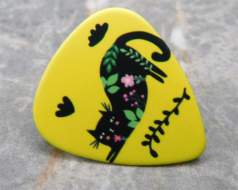 Black Cat Stretching and Flowers Guitar Pick Pin or Tie Tack