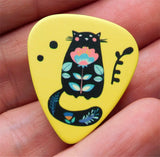 Fat Tailed Black Cat and Flowers Guitar Pick Pin or Tie Tack