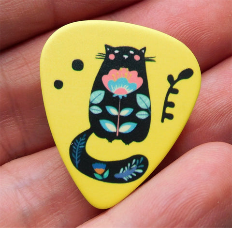 Fat Tailed Black Cat and Flowers Guitar Pick Pin or Tie Tack