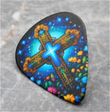 Blue and Gold Colored Cross and Flowers Guitar Pick Pin or Tie Tack