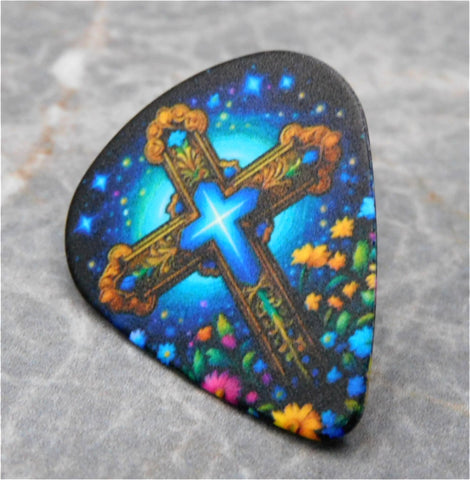 Blue and Gold Colored Cross and Flowers Guitar Pick Pin or Tie Tack
