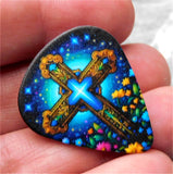 Blue and Gold Colored Cross and Flowers Guitar Pick Pin or Tie Tack