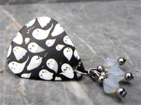 Halloween Boo Ghost Guitar Pick Pin or Tie Tack with White Opal Swarovski Crystal Dangles