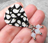 Halloween Boo Ghost Guitar Pick Pin or Tie Tack with White Opal Swarovski Crystal Dangles