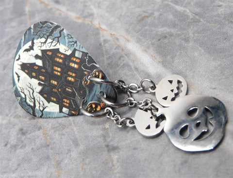 Spooky Mansion Guitar Pick Pin or Tie Tack with Stainless Steel Jack o' Lantern Dangles