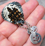 Spooky Mansion Guitar Pick Pin or Tie Tack with Stainless Steel Jack o' Lantern Dangles