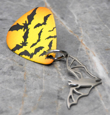 Swarm of Bats Guitar Pick Pin or Tie Tack with Stainless Steel Bat Charm Dangle