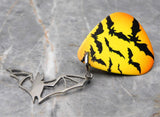 Swarm of Bats Guitar Pick Pin or Tie Tack with Stainless Steel Bat Charm Dangle