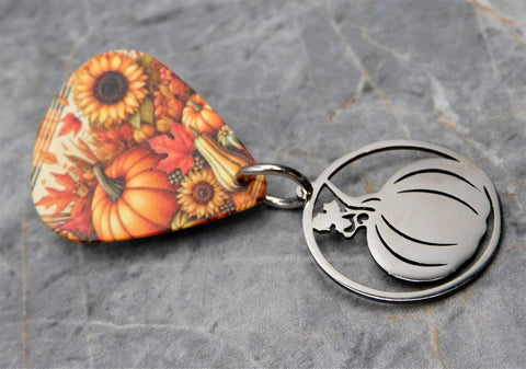Autumnal Harvest Guitar Pick Pin or Tie Tack with a Stainless Steel Pumpkin Charm