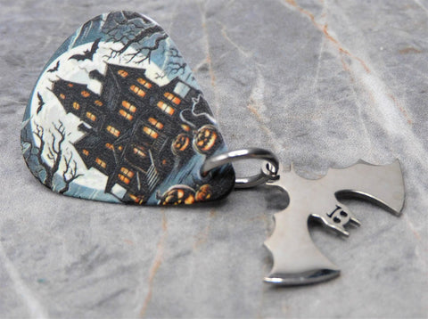 Spooky Mansion Guitar Pick Pin or Tie Tack with Stainless Steel Bat Charm Dangles