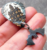 Spooky Mansion Guitar Pick Pin or Tie Tack with Stainless Steel Bat Charm Dangles
