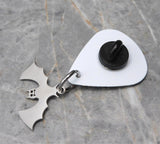 Spooky Mansion Guitar Pick Pin or Tie Tack with Stainless Steel Bat Charm Dangles